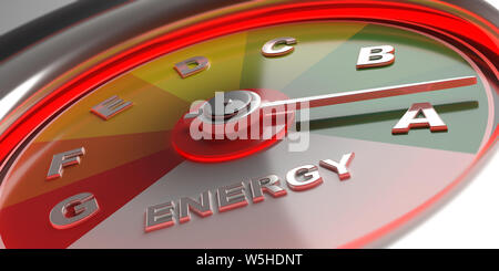 Classification de l'efficacité énergétique. Les performances d'efficacité énergétique, de l'indicateur de tableau de bord de voiture, Close up. 3d illustration Banque D'Images