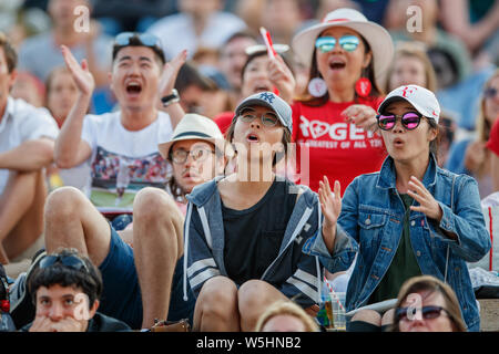 Roger Federer fans et spectateurs sur Henman Hill Murray Mound ou Aorangi Hill durant les championnats de Wimbledon 2019. Banque D'Images