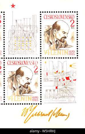 Timbre tchécoslovaque (1985) Fiche technique mini : 115e anniversaire de la naissance de Vladimir Ilitch Oulianov Lénine - (1870 - 1924) Banque D'Images