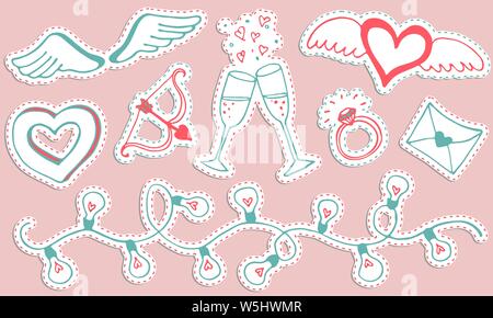 Valentines Day hand drawn doodle romantique collection. Autocollants vector set. Les symboles de la Saint-Valentin. Conception pour des tirages, des cartes et des coloriages. Illustration de Vecteur