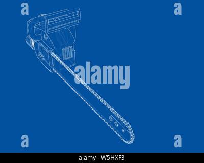 Scie à chaîne. Le rendu 3D de vecteur. Style fil de fer. Les couches de lignes visibles et invisibles sont séparés Illustration de Vecteur