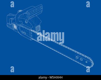 Scie à chaîne. Le rendu 3D de vecteur. Style fil de fer. Les couches de lignes visibles et invisibles sont séparés Illustration de Vecteur