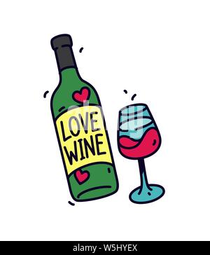 Illustration d'une bouteille de vin et un verre. Vecteur. Autocollant ou d'un insigne pour les amateurs de vin. L'inscription sur la bouteille : l'amour du vin. Logo pour le magasin un Illustration de Vecteur