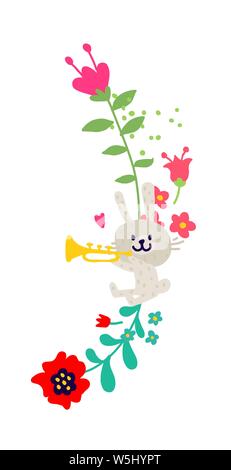 Illustration d'une trompette bunny. Vecteur. Lapin en couleurs. Children's cartoon, doodle style. L'illustration pour la carte postale ou félicitations. Institution Illustration de Vecteur