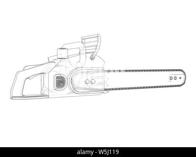 Scie à chaîne. Le rendu 3D de vecteur. Style fil de fer. Les couches de lignes visibles et invisibles sont séparés Illustration de Vecteur