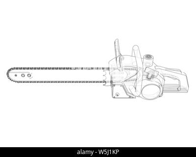 Scie à chaîne. Le rendu 3D de vecteur. Style fil de fer. Les couches de lignes visibles et invisibles sont séparés Illustration de Vecteur