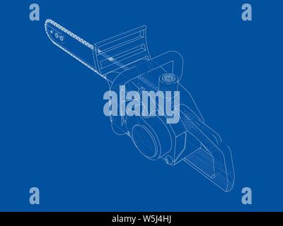 Scie à chaîne. Le rendu 3D de vecteur. Style fil de fer. Les couches de lignes visibles et invisibles sont séparés Illustration de Vecteur
