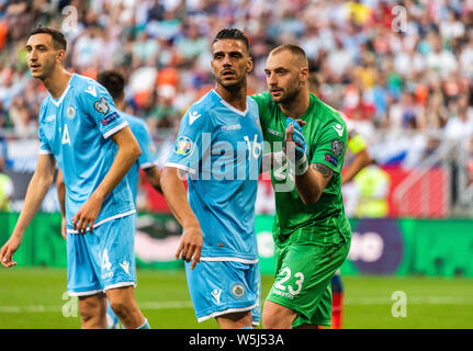 Saransk, Russie - 8 juin 2019. L'équipe nationale de football de Saint-marin striker Danilo Rinaldi et le gardien Elia Benedettini pendant l'UEFA Euro 2020 Technicien qualifié Banque D'Images