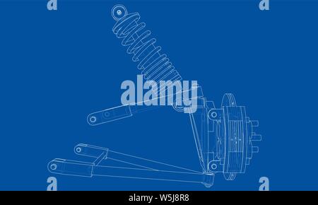 Location de suspension avec amortisseur. Le rendu 3D de vecteur. Style fil de fer. Les couches de lignes visibles et invisibles sont séparés Illustration de Vecteur