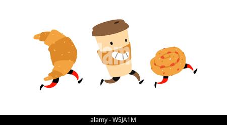 Illustration de l'exécution des collations. Vecteur. Caractères verre de café, croissants, pain. Des icônes pour le site sur un fond blanc. Signe, logo pour une boutique Illustration de Vecteur