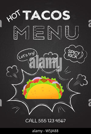 La cuisine mexicaine Snack food menu tacos illustration. Taco viande coloré avec de la craie graphiques dessinés à la main, style pop art décoration sur tableau noir avec des tacos offrent des aliments menu Modèle de page Banque D'Images