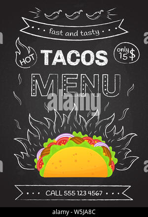 Cuisine mexicaine tacos restauration rapide illustration menu. Flamme rétro main craie dessiner avec la viande de boeuf savoureux, des salades et des tomates dans de délicieux tacos taco avec inscription Menu chaud pour cafe design ou partie Banque D'Images