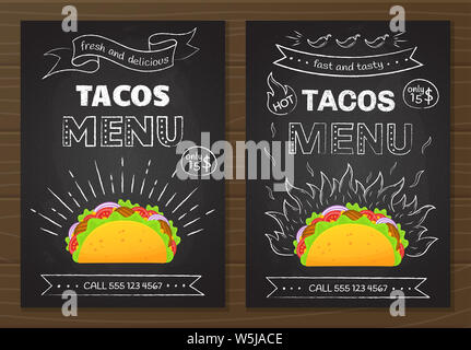 Cuisine mexicaine tacos restauration rapide menu. Boeuf taco colorés avec style graphique craie dessinés à la main, décoration sur tableau noir avec tacos offrent des aliments menu Modèle de page d'illustration Banque D'Images