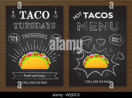 Tacos de fast-food mexicain traditionnel menu. Tableau style alimentaire poster avec décoration à la main sur tableau noir avec menu tacos et taco mardi et colorée offre taco bœuf illustration. Banque D'Images