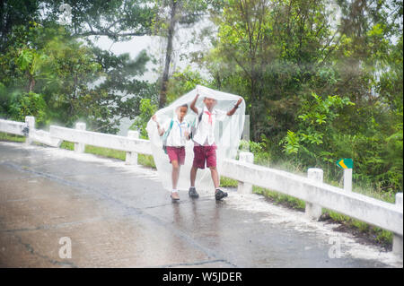 Deux garçons de l'école cubaine à pied sous la pluie avec une bâche en plastique sur la tête pour couvrir Banque D'Images