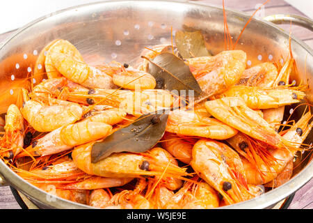 Les crevettes de l'Atlantique cuit autour de l'écoulement dans une passoire en acier inoxydable. Banque D'Images