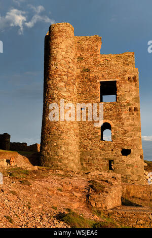 Vestiges de Pierre abandonnées de timbres et de caprices engine house à papule Coates tine mine au feu rouge au coucher du soleil l'Angleterre Cornwall Banque D'Images