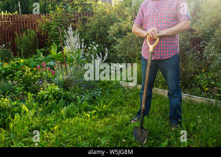 Worker standing avec une pelle dans le jardin, prête à desserrer le sol Banque D'Images