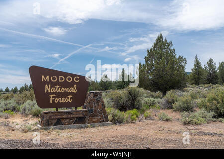 Le Comté de Modoc, Californie - le 9 juillet 2019 : signe pour le Modoc National Forest, situé dans l'extrême nord de la Californie Banque D'Images