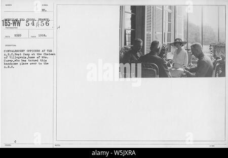 American Red Cross - A à D - Agents de convalescence à l'A.R.C. Rest Camp au château de Villegenis, accueil de Mme Corey, qui a fait de ce beau lieu au cours de l'A.R.C, Portée et contenu : Date : 1918 Photographe : American Red Cross, France Banque D'Images