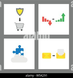 Icône vecteur défini. concept Bouclier dans votre panier, ventes graphique vers le bas et le haut, pièce du puzzle sur cloud, fermé et ouvert l'enveloppe avec du papier vierge. Illustration de Vecteur