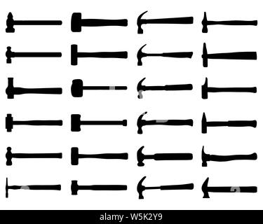 Silhouettes noires de différentes marteau sur un fond blanc Banque D'Images