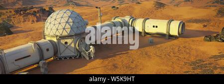 Base de Mars avec l'astronaute, l'habitat en paysage martien Banque D'Images