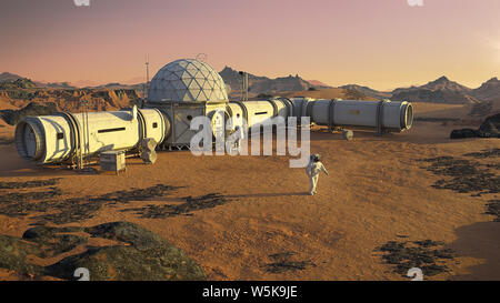 Base de mars avec des astronautes, de l'habitat en paysage martien Banque D'Images