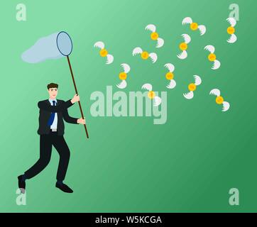 Businessman essayant d'attraper le vol de l'argent avec butterfly net , vector cartoon Illustration de Vecteur