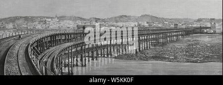 España. L'Andalousie. Huelva. Embarcadero-Muelle de la Compañía Minera de Rio-Tinto, en El Puerto. Gravure por Bernardo Rico (1825-1894). La Ilustración Española y Americana, 15 de julio de 1883. Banque D'Images