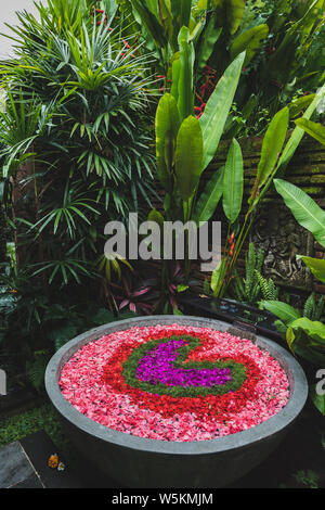 Beau bain romantique avec des pétales en forme de coeur dans la cupidité jungle. Bali, Ubud. Concept de Spa et de bien-être. Banque D'Images