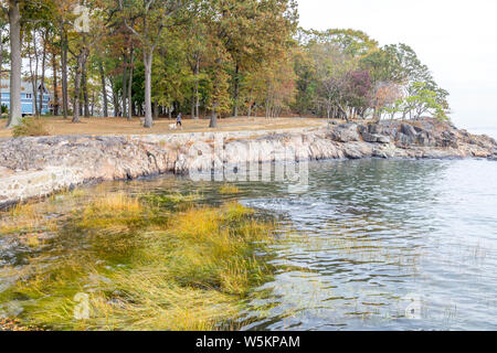 Larchmont, New York, USA - 19 octobre 2013 : Le Manor Park de parchemin, sur un paysage d'automne avec de l'eau de l'océan calme Banque D'Images