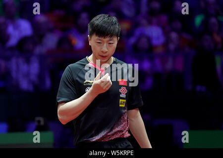 Ma longue de Chine célèbre après avoir marqué contre Liang Jingkun de Chine dans leur match de demi-finale du simple messieurs au cours de la monde ITTF 2019 Liebherr Banque D'Images