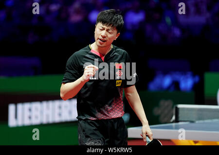 Ma longue de Chine célèbre après avoir marqué contre Liang Jingkun de Chine dans leur match de demi-finale du simple messieurs au cours de la monde ITTF 2019 Liebherr Banque D'Images