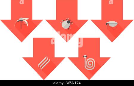 Ensemble d'icônes design plat avec les chiens parasites comme les moustiques, les vers ronds, des ténias, puces et tiques. Illustration de Vecteur