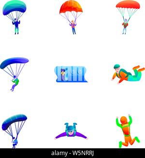 Skydivers icon set. Cartoon Ensemble de 9 parachutistes vector icons pour la conception web isolé sur fond blanc Illustration de Vecteur