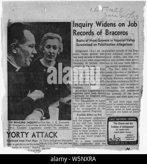 Enquête sur des dossiers de travail élargit Braceros/livres de plus de producteurs de l'Imperial Valley à la loupe sur la falsification des allégations de Los Angeles Times (texte et photographie). ; Portée et contenu : Ce document est lié à la programme Bracero, un programme de travail parrainé par le gouvernement fédéral au cours des années 1950-début des années 1960, selon lequel les travailleurs migrants migratoires/du Mexique ont été fournis pour les saisonniers agricoles, principalement l'emploi, souvent dans les exploitations des producteurs Californa. Le document donne un aperçu des hispanique/latino/de l'immigration et du travail mexicain de l'histoire, y compris les controverses qui fait surface au cours de la ferme Banque D'Images