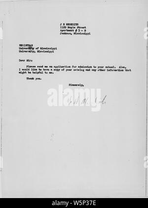 La Lettre de James Meredith au registraire, Université du Mississippi sans date ; la portée et contenu : Lettre de James Meredith concernant son application à l'Université du Mississippi. Notes générales : Kennedy,John F. Banque D'Images