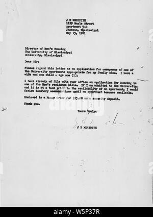 James Meredith's Lettre au directeur du logement des hommes le 15 mai, 1961 ; Portée et contenu : la Lettre de James Meredith l'application pour le logement à l'Université du Mississippi. Notes générales : Kennedy,John F. Banque D'Images