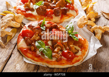 Libre de pizza aux champignons aux girolles, fromage, tomates et basilic sur le parchemin sur la table horizontale. Banque D'Images