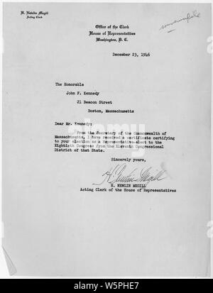 John F. Kennedy's notification de son élection au Congrès le 23 décembre, 1946 ; Portée et contenu : lettre du greffier suppléant de la Chambre des représentants John Kennedy notifiant qu'il a été élu au Congrès des États-Unis. Banque D'Images