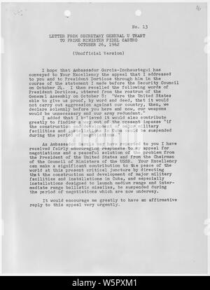 Lettre du Secrétaire général U Thant à premier ministre Fidel Castro, le 26 octobre 1962 Banque D'Images
