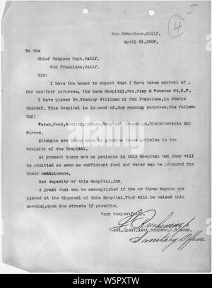 Lettre du 1er Lieutenant-chef adjoint, San Francisco CA au chirurgien en chef, ministère de la Californie, San Francisco, Californie 21 avril 1906 ; la portée et contenu : Ce document s'applique à la réponse fédérale à la tremblement de terre de San Francisco de 1906 et l'incendie. Banque D'Images