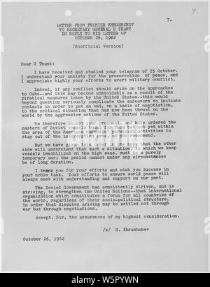 Lettre du Premier Ministre Khrouchtchev au Secrétaire général U Thant en réponse à sa lettre du 26 octobre 1962. Banque D'Images