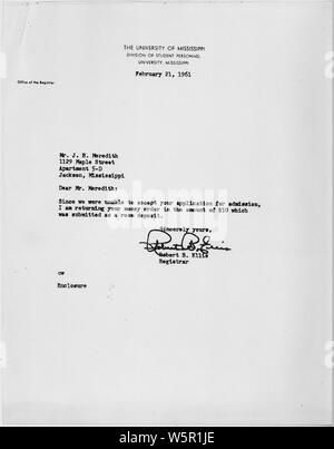 Lettre à James Meredith Février 21, 1961 ; Portée et contenu : Lettre à James Meredith concernant son application à l'Université du Mississippi. Notes générales : Kennedy,John F. Banque D'Images