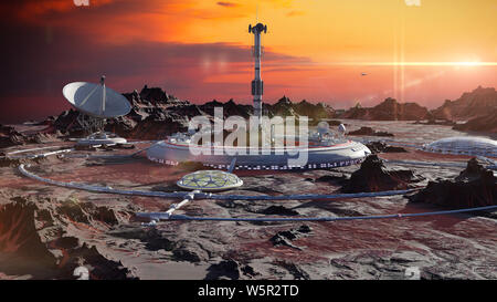 Gare en surface de Mars, première colonie martienne dans paysage de désert sur la planète rouge (espace 3D render) Banque D'Images