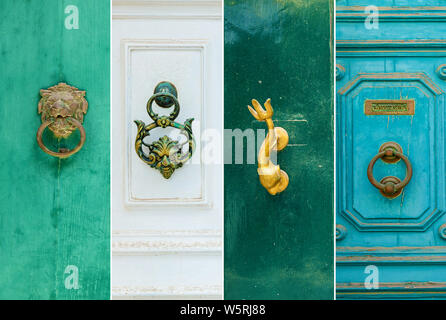 Texture de collage une vieille porte en bois en bois avec poignées en métal sous la forme d'un dauphin sur l'île de Malte Banque D'Images