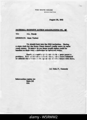 Action de sécurité nationale Note n° 85 visites d'État ; Portée et contenu : Mémorandum pour McGeorge Bundy sur 1962 visites d'état. Banque D'Images