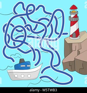 Jeu de labyrinthe pour les enfants. Aider le bateau aller au phare. Jeu pour Enfants Illustration de Vecteur