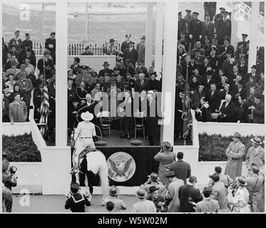 Photographie du président Dwight D. Eisenhower étant lassoed par un cowboy tout en étudiant la parade inaugurale à Washington, en tant que Vice-président Richard M. Nixon et d'autres dignitaires. Banque D'Images